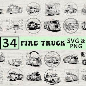 May include: A collection of 34 fire truck illustrations in SVG and PNG formats. The black and white drawings depict various fire trucks, some within circular frames, and others with scenic backgrounds. The text "34 FIRE TRUCK SVG & PNG" is also included.