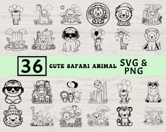 Cute Safari Animal Silhouette SVG PNG Bundle, Jungle Baby Clipart, Wild Animal Cut Files, Vector