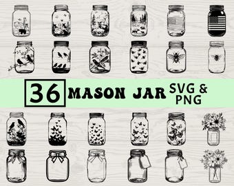 May include: Collection of 36 mason jar designs in SVG and PNG formats. The jars feature various illustrations, including animals, birds, butterflies, and floral arrangements. Some jars have an American flag design. The text "36 MASON JAR SVG & PNG" is also present.