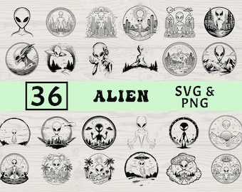 Alien Silhouette SVG PNG Bundle, UFO Space Clipart, Extraterrestrial Cut Files, Sci-Fi Vector