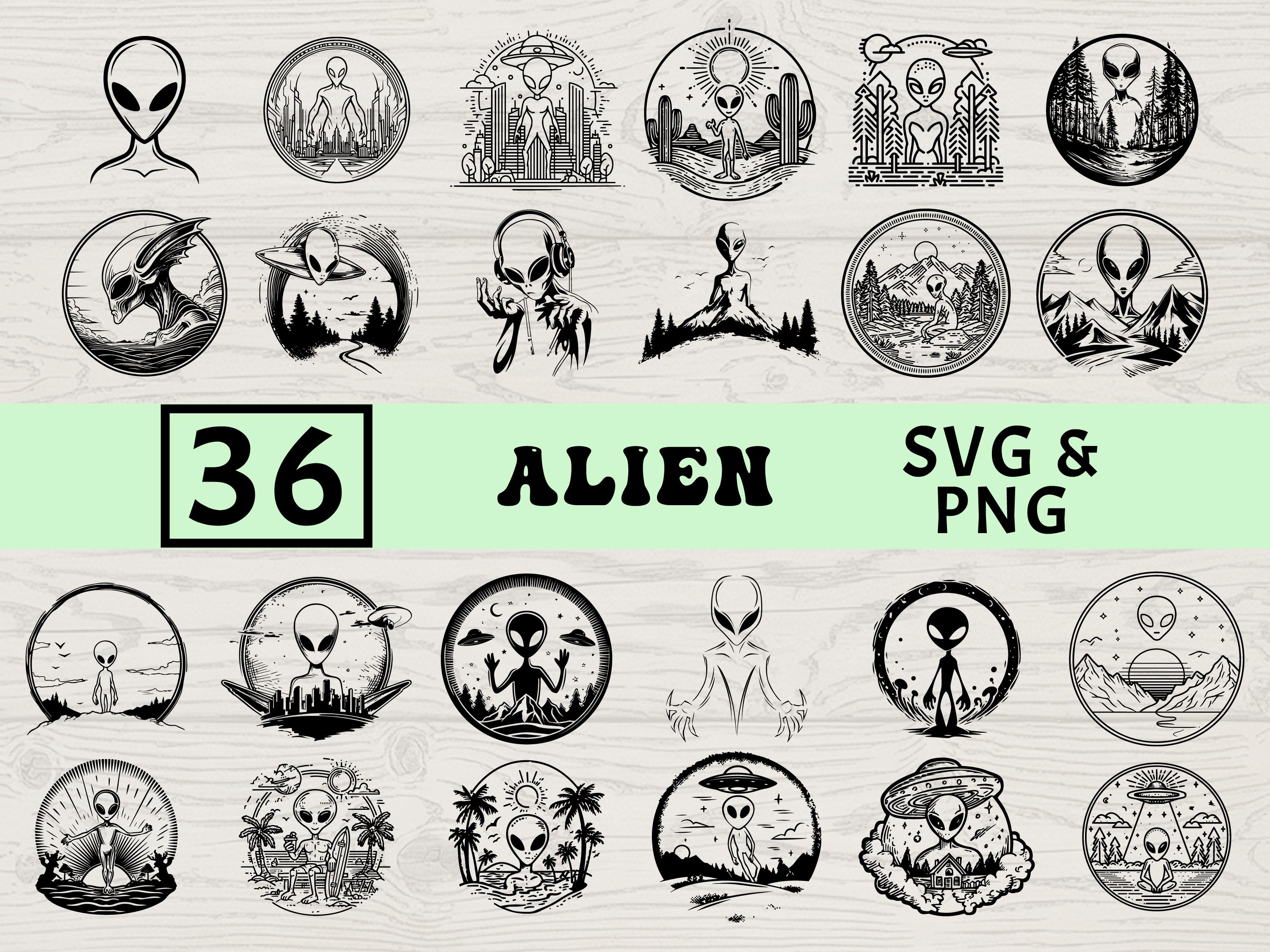 Alien Silhouette SVG PNG Bundle, UFO Space Clipart, Extraterrestrial ...