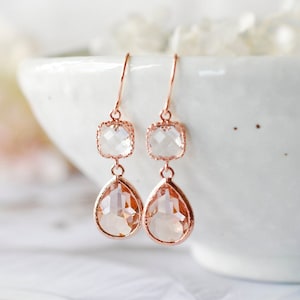 Rose Gold Earrings, Peach Champagne Clear Crystal Earrings, Rose Gold Jewelry, Birthday Anniversary Gift for Women, Bridesmaid Gift image 2