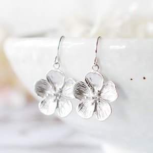 Silver Flower Dangle Earrings, Cherry Blossom Earrings, Bridesmaid Gift, Flower Girl Gift,  Birthday Gift for Daughter wife mom girlfriend