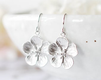 Silver Flower Dangle Earrings, Cherry Blossom Earrings, Bridesmaid Gift, Flower Girl Gift,  Birthday Gift for Daughter wife mom girlfriend