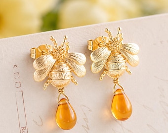 Gold Bee Earrings, 18K Gold Honey Bee Golden Topaz Glass Drop Earrings, Bee Jewelry, Gift for Bee Lover Summer Jewelry