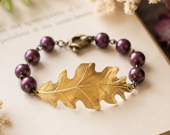 Gold Oak Leaf Bracelet with Plum Burgundy Pearls, Woodland Jewelry, Autumn Leaf Bracelet, Nature Inspired Gift for Her, Fall Wedding Jewelry