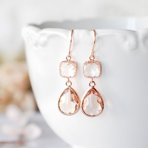 Rose Gold Earrings, Peach Champagne Clear Crystal Earrings, Rose Gold Jewelry, Birthday Anniversary Gift for Women, Bridesmaid Gift