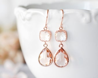 Rose Gold Earrings, Peach Champagne Clear Crystal Earrings, Rose Gold Jewelry, Birthday Anniversary Gift for Women, Bridesmaid Gift