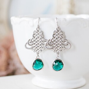 Silver Celtic Knot Emerald Green Dangle Earrings, May Birthstone, Birthday Gift for Women, Emerald Green Wedding Bridesmaid Gift