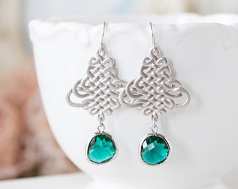 Silver Celtic Knot Emerald Green Dangle Earrings, May Birthstone, Birthday Gift for Women, Emerald Green Wedding Bridesmaid Gift