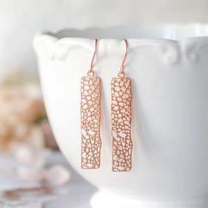 Rose Gold Mesh Filigree Bar Earrings, Minimalist Geometric Jewelry, Rose Gold Jewelry, Modern Earrings, Gift for Girlfriend Mom Daughter