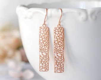 Rose Gold Mesh Filigree Bar Earrings, Minimalist Geometric Jewelry, Rose Gold Jewelry, Modern Earrings, Gift for Girlfriend Mom Daughter