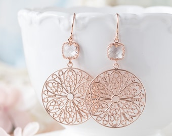Clear Crystal Earrings, Rose Gold Round Circle Filigree Earrings, Bohemian Jewelry, Bridal Earrings, April Birthstone, Birthday Gift for her