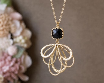 Black Onyx 18K Gold Necklace, Black Crystal Pendant Necklace,  Art Deco Statement Necklace, Black and Gold Jewelry