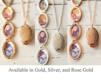 Collier médaillon photo gravé floral : or, argent, or rose