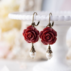 Dark Red Earrings Burgundy Flower Earrings, Cream White Pearl Earrings, Marsala Maroon Wedding Jewelry, Bridesmaid Gift, Vintage Style image 1