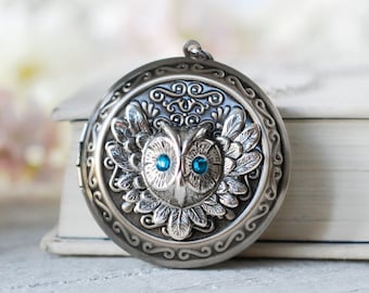 Owl Locket Necklace with December Birthstone Blue Zircon, Personalized Silver Photo Picture Locket, December Birthday Gift for Girls Women