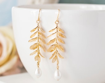 Gold Leaf Earrings, Branch Earrings with Cream White Teardrop Pearl, Bridal Earrings, Wedding Jewelry, Pearl Dangle Earrings, Gift for Women