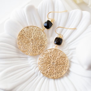 Gold and Black Earrings, Jet Black Gold Filigree Earrings, Gold Statement Earrings, Gold Mesh Round Circle Earrings, Boho Chic, Gift for Her