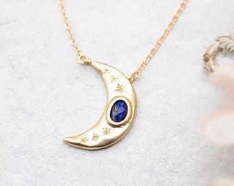 Lapis Lazuli Crescent Moon Necklace, Gold Moon with Natural Lapis Lazuli Pendant Necklace, Moon Jewelry, Bohemian Necklace, Gift for Her