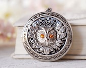 November Birthstone Topaz Silver Owl Locket Necklace , Personalized Photo Customized Picture Locket, November Birthday Gift for Girls Women