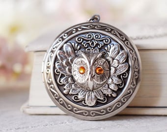 November Birthstone Topaz Silver Owl Locket Necklace , Personalized Photo Customized Picture Locket, November Birthday Gift for Girls Women