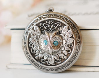 March Birthstone Jewelry, Silver Owl Locket Necklace with Aquamarine Crystal, March Birthday Gift for Her, Personalized Photo Locket