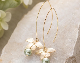 Gold Flower Pearl Drop Earrings, Sage Green Pearl Bridal Earrings, Floral Wedding Jewelry Gift for Her