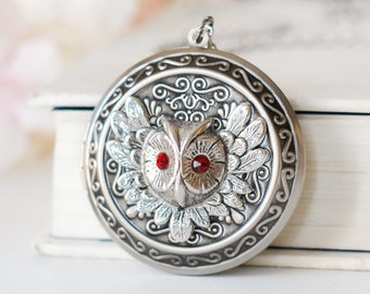 Silver Owl Locket Necklace with January Birthstone Garnet, January Birthday Gift for Her, Victorian Locket, Personalized Photo Locket