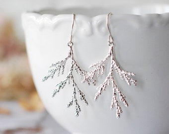 Silver Spruce Tree Leaf Branch Earrings, Fall Earrings, Winter Earrings, Fall Winter Jewelry, Coniferous Evergreen tree, Christmas Tree