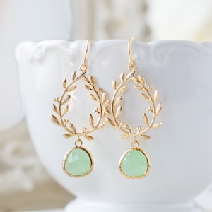 Mint Green Earrings, Gold Leaf Wreath Dangle Earrings, Laurel Wreath, Mint Wedding Bridesmaid Earrings, Anniversary Birthday Gift for Her