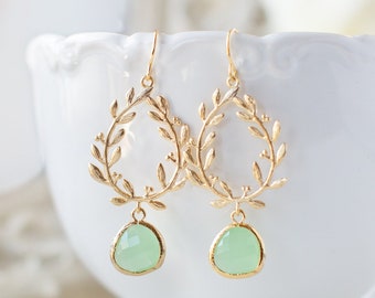 Mint Green Earrings, Gold Leaf Wreath Dangle Earrings, Laurel Wreath, Mint Wedding Bridesmaid Earrings, Anniversary Birthday Gift for Her