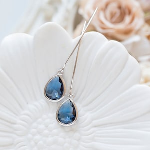 Montana Navy Sapphire Blue Silver Long Dangle Earrings, September Birthstone, Birthday Gift for Her, Navy Blue Wedding Bridesmaid Gift