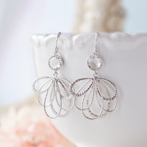 Clear Crystal Silver Dangle Earrings, Fan Shaped Filigree Chandelier Earrings, Wedding Jewelry, Bridal Earrings, Bridesmaid gift