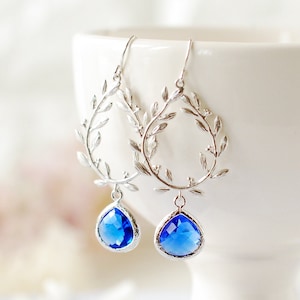 Sapphire Blue Earrings, Silver Laurel Wreath Earrings, September Birthstone, Sapphire Jewelry, Bridesmaid Gift, Something Blue Wedding