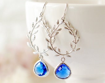 Sapphire Blue Earrings, Silver Laurel Wreath Earrings, September Birthstone, Sapphire Jewelry, Bridesmaid Gift, Something Blue Wedding