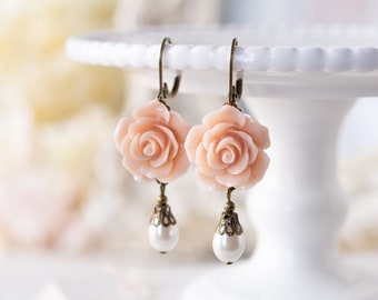 Blush Pink Earrings, Soft Pink Rose Flower Cream White Pearl Dangle Earrings, Blush Wedding Bridesmaid Earrings, Gift for girls Women
