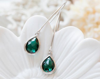 Emerald Green Earrings, May Birthstone Jewelry, Birthday Gift for Her, Silver Long Dangle Earrings, Emerald Green Wedding Bridesmaid Gift