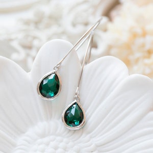 Emerald Green Earrings, May Birthstone Jewelry, Birthday Gift for Her, Silver Long Dangle Earrings, Emerald Green Wedding Bridesmaid Gift