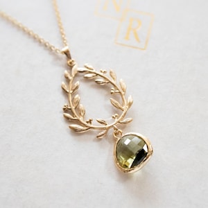 Olive Green Glass Jewel Gold Laurel Wreath Necklace, Leaf Branch Necklace, Olive Green Wedding Bridesmaid Gift, Gift for Her, Gift for women