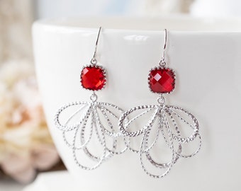 Red Earrings, Silver Filigree Dangle Earrings, Red Wedding Bridesmaid Earrings, Silver Feather Chandelier Earrings, Birthday Gift for Her
