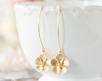 Gold Flower Long Dangle Earrings, Cherry Blossom Earrings, Gift for Her, Birthday Gift for Sister Daughter Girlfriend, bridesmaid gift