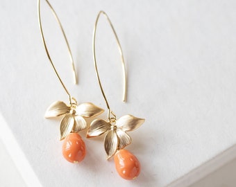 Orange Coral Pearl Earrings, Gold Orchid Flower Dangle Earrings, Coral Wedding Jewelry, Bridesmaid Gift, Gift for Wife Daughter Sister Mom