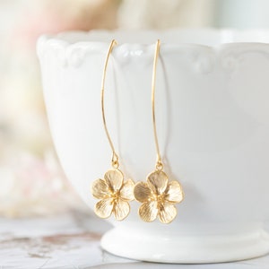Gold Flower Long Dangle Earrings, Cherry Blossom Earrings, Gift for Her, Birthday Gift for Sister Daughter Girlfriend, bridesmaid gift