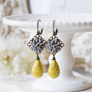 Grey and Yellow Earrings, Grey Flower Yellow Teardrop Bead Dangle Earrings, Grey and Yellow Wedding, Victorian Style, Leverback earrings image 1