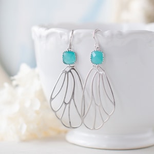 Turquoise Blue Earrings, Silver Wing Earrings, Butterfly Wing, Fairy Wing, Wing Jewelry, Gift for Women, Birthday Gift for Her