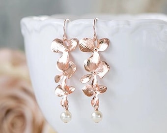Rose Gold Earrings Pink Gold Cascading Orchid Flower Cream White Pearl Dangle Earrings Bridal Earrings Rose Gold Jewelry