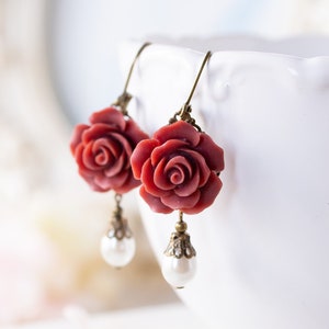 Dark Red Earrings Burgundy Flower Earrings, Cream White Pearl Earrings, Marsala Maroon Wedding Jewelry, Bridesmaid Gift, Vintage Style image 2