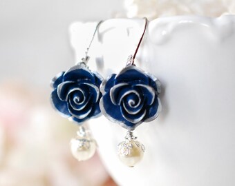 Navy Blue Earrings in Silver, Dark Blue Rose Flower Cream White Pearl Lever back Earrings, Vintage Wedding Bridesmaid Gift, Gift for Her