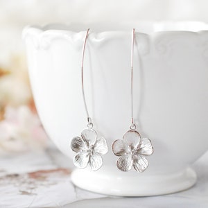 Silver Cherry Blossom Flower Long Dangle Earrings, Wedding Jewelry Bridesmaid Gift, Gift for Her, Birthday Gift for wife Daughter Girlfriend